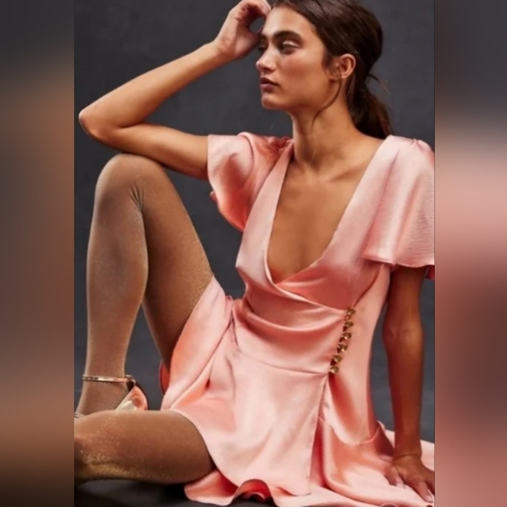 Free People Scarlet Satin‎ Ruffle Wrap Mini Dress Coquette Girl Dainty Feminine
